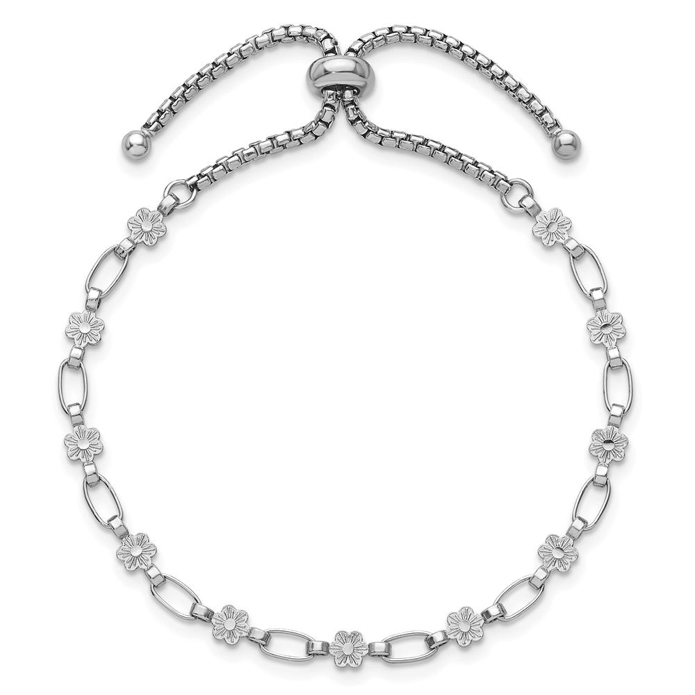 Sterling Silver Rhodium-plated Polished Flower Bolo Bracelet