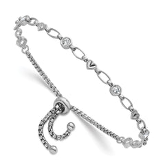 Sterling Silver Rhodium-plated Polished Round CZ and Diamond-cut Heart Adjustable Bolo Bracelet