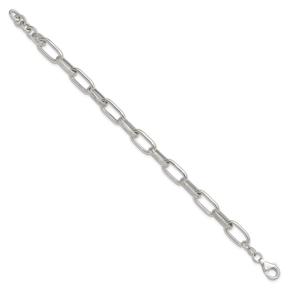 Sterling Silver Polished and Textured Oval Link 7 inch with 0.5 inch Extender Bracelet