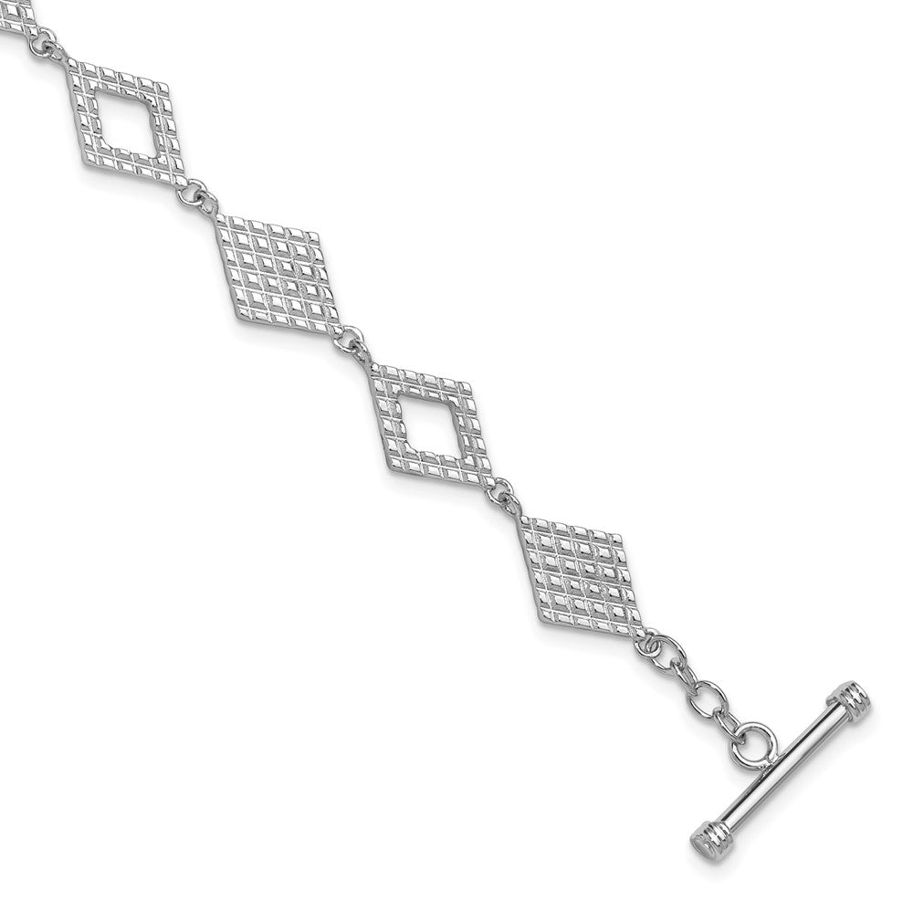 Sterling Silver Rhodium-plated Polished Diamond-Shape Textured 7.5 inch Toggle Bracelet