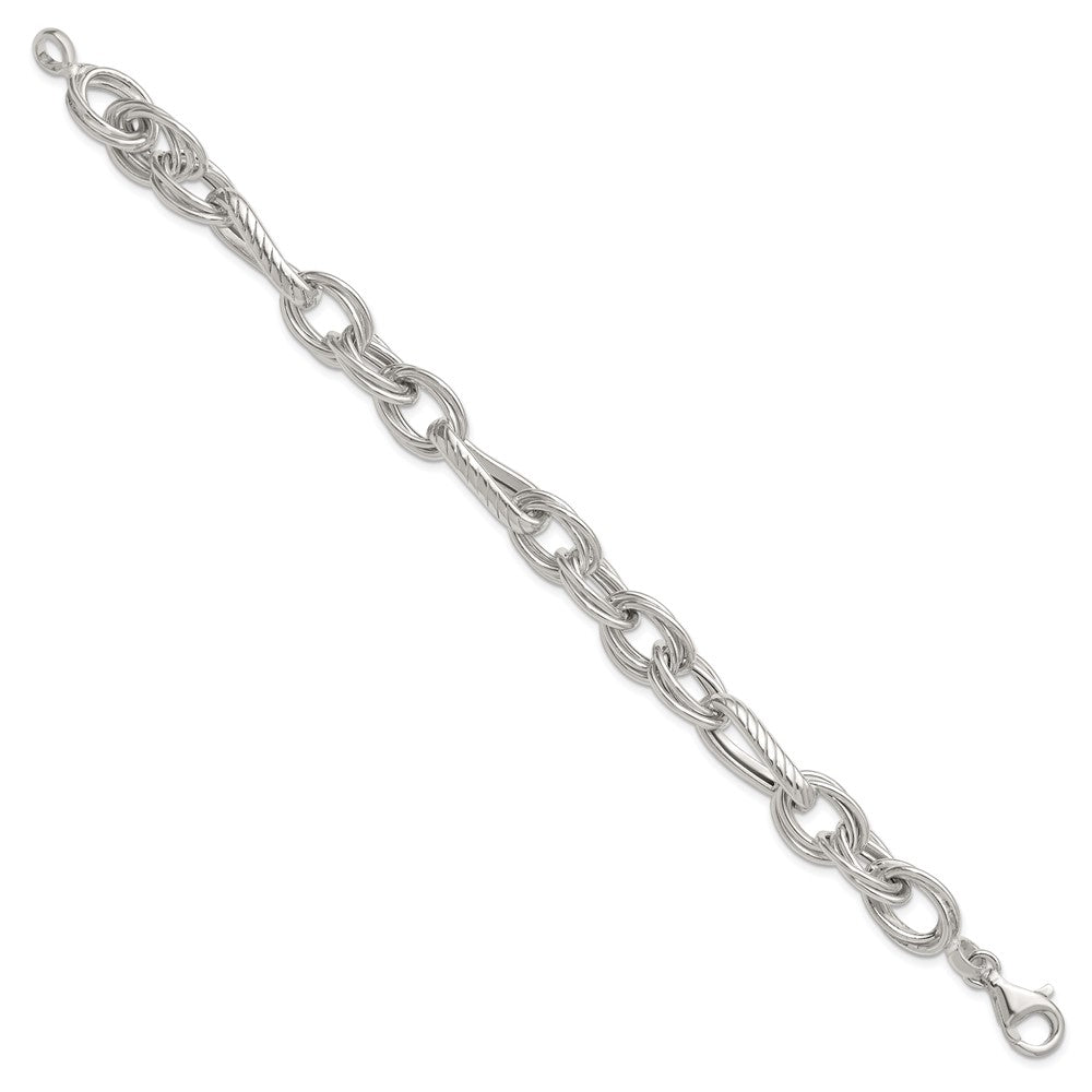 Sterling Silver Polished and Textured 8in Twisted Fancy Link Bracelet