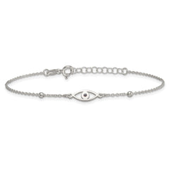 Sterling Silver Polished Beaded Black Enamel Evil Eye 7 inch with 1 inch Extension Bracelet