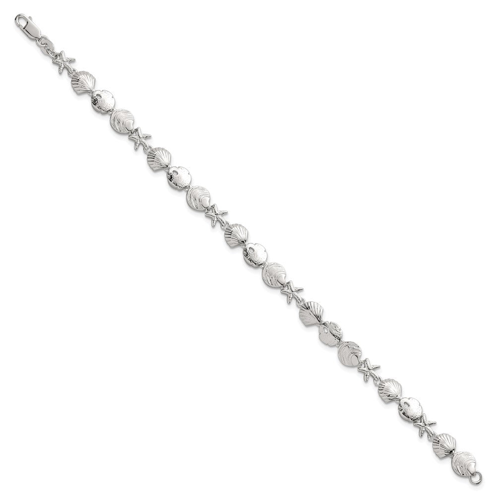 Sterling Silver Polished Textured Starfish and Sea Shell 7.25in Bracelet