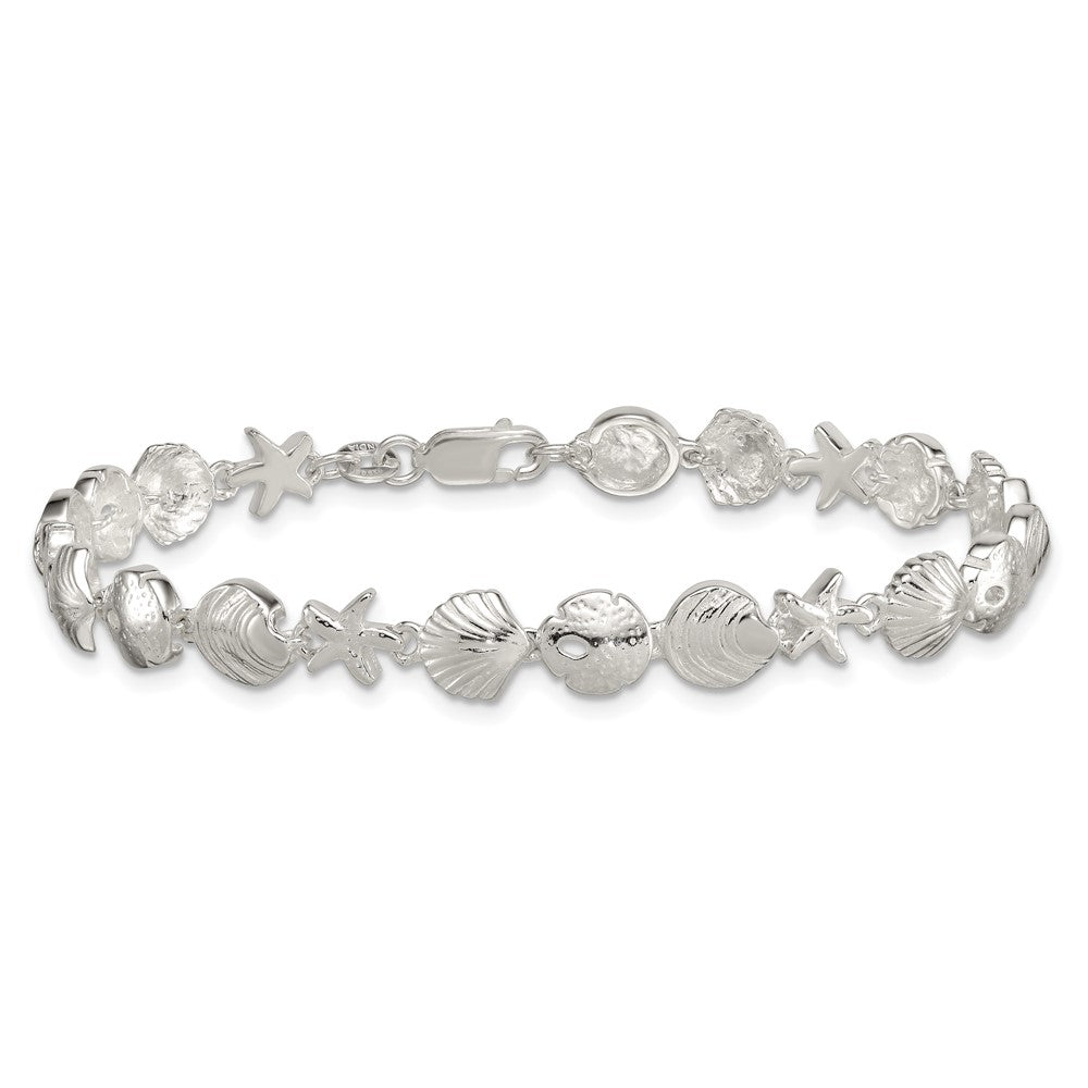 Sterling Silver Polished Textured Starfish and Sea Shell 7.25in Bracelet