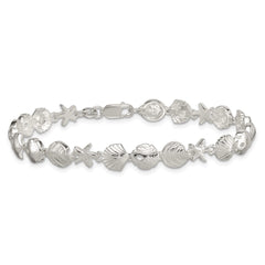 Sterling Silver Polished Textured Starfish and Sea Shell 7.25in Bracelet