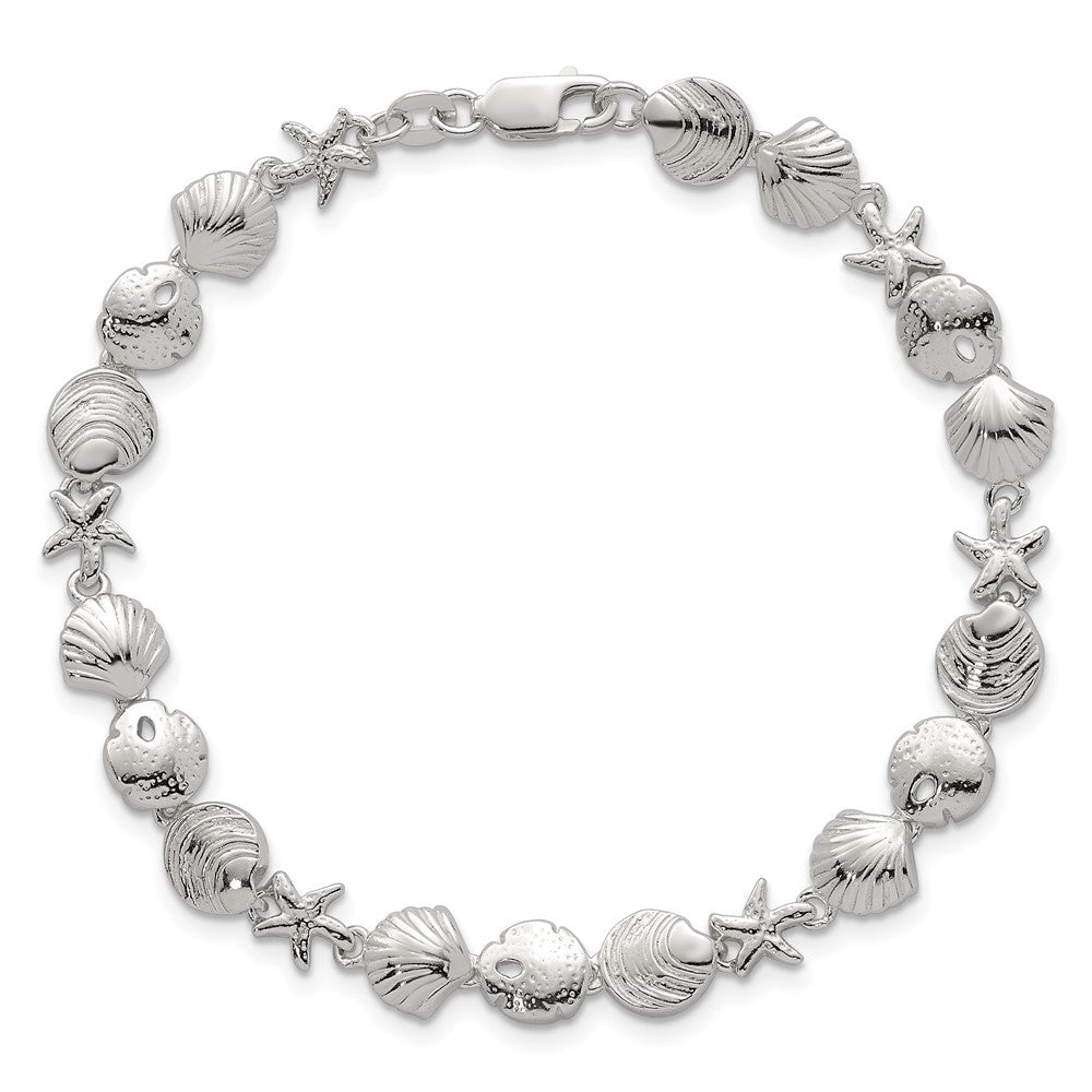 Sterling Silver Polished Textured Starfish and Sea Shell 7.25in Bracelet