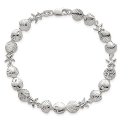 Sterling Silver Polished Textured Starfish and Sea Shell 7.25in Bracelet