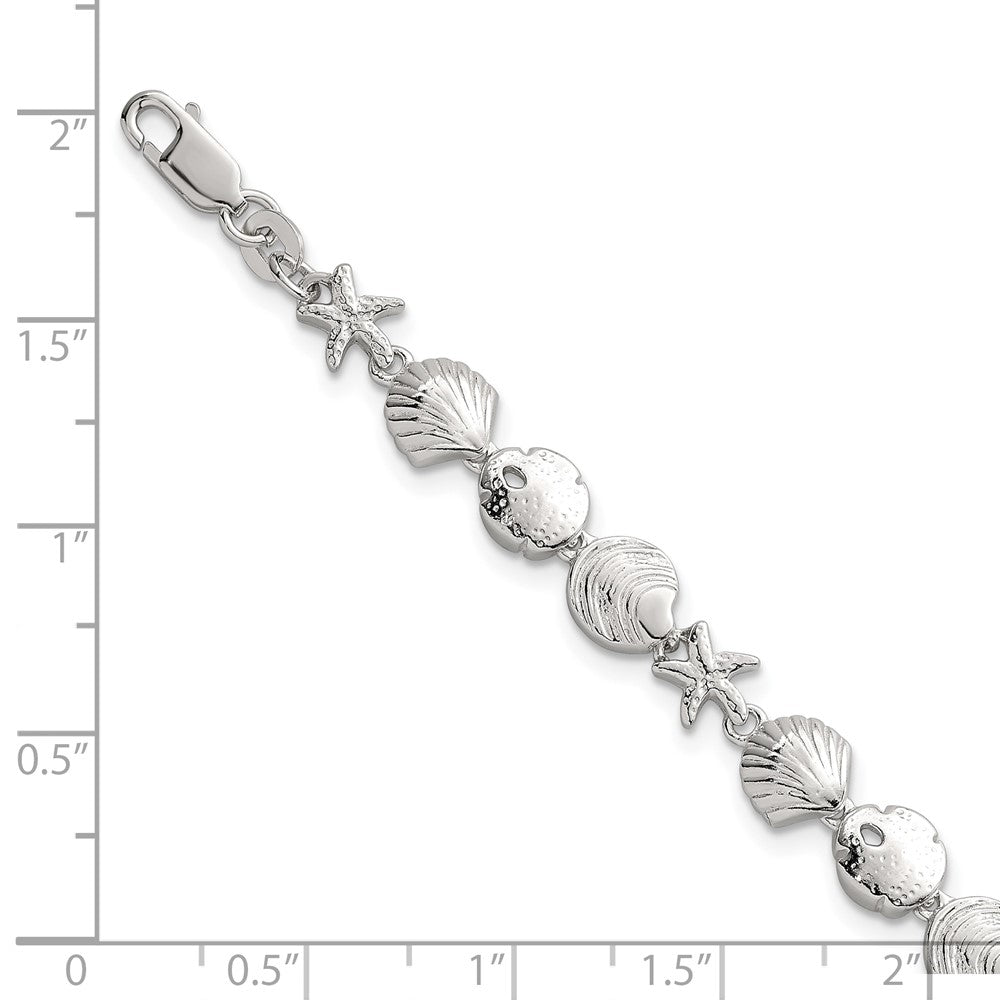 Sterling Silver Polished Textured Starfish and Sea Shell 7.25in Bracelet