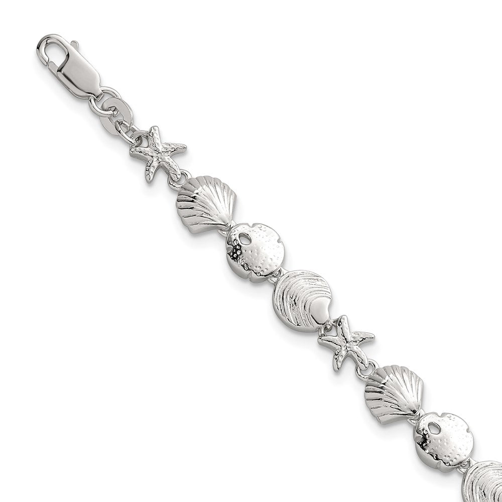 Sterling Silver Polished Textured Starfish and Sea Shell 7.25in Bracelet