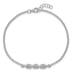 Sterling Silver Polished Pave CZ Cable Link 6.75 Inch with 0.5 Inch Extension Bracelet