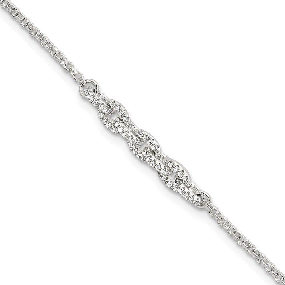 Sterling Silver Polished Pave CZ Cable Link 6.75 Inch with 0.5 Inch Extension Bracelet