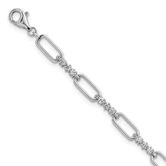 Sterling Silver Rhodium-plated Polished CZ and Paperclip Link 7 Inch with 1 Inch Extension Bracelet