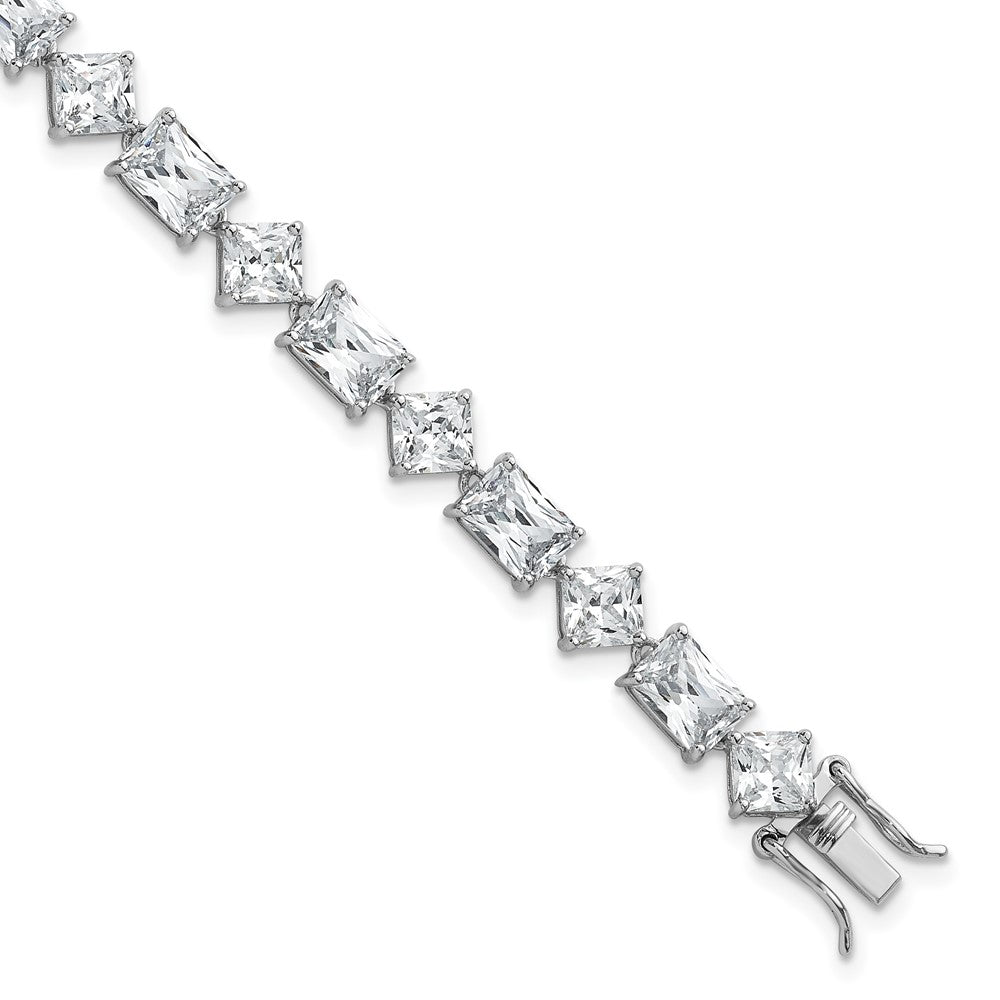 Sterling Silver Rhodium-plated Polished Fancy Princess and Emerald-cut CZ 7.25 Inch Bracelet