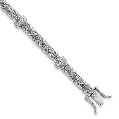 Sterling Silver Rhodium-plated Polished CZ and Byzantine Link 7.75 Inch Bracelet