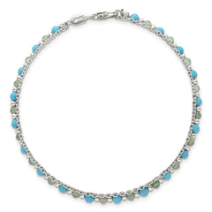 Sterling Silver Polished Green Aventurine and Turquoise Beaded Double Strand 7.5 inch Bracelet