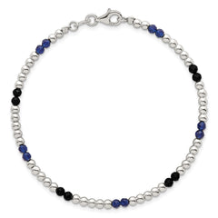 Sterling Silver Polished Blue Agate and Spinel Beaded 7.5 inch Bracelet