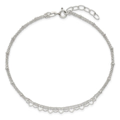 Sterling Silver Beaded Hearts Double Strand 9 inch with 1 inch Extender - Total 10 inch Anklet