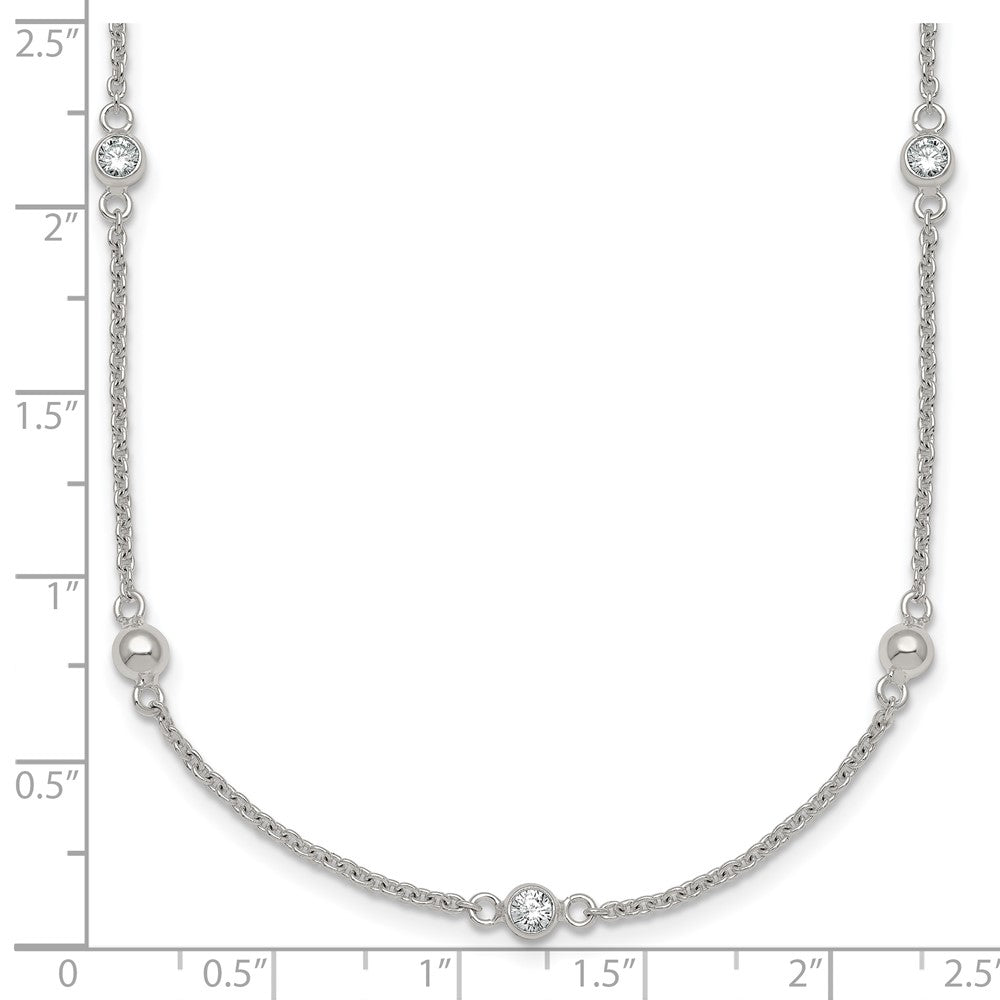 Sterling Silver Polished and Beaded CZ 16.75 inch with 0.5 inch Extension Necklace
