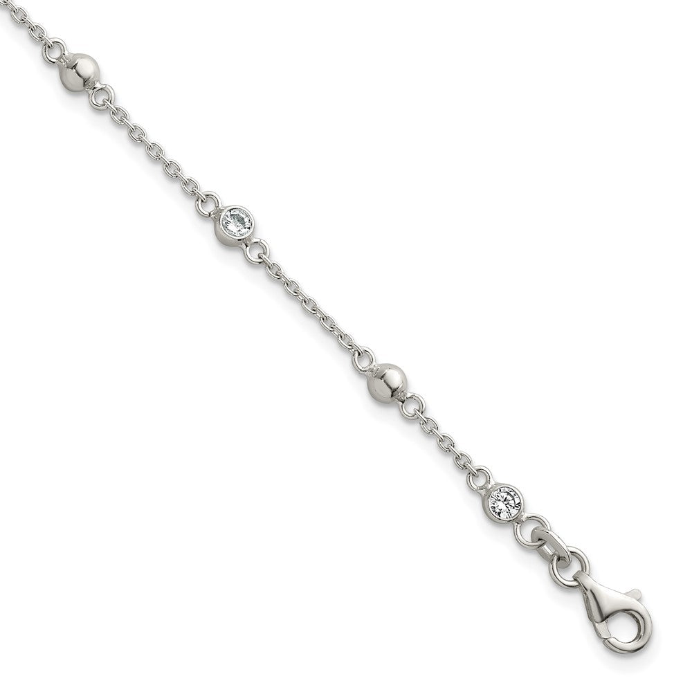 Sterling Silver Polished and Beaded CZ 6.75 inch with 0.5 inch Extension Bracelet
