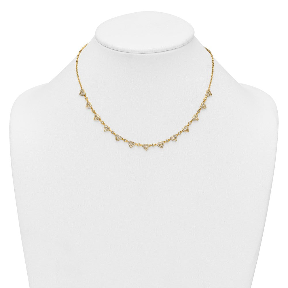 Sterling Silver Gold-tone Polished Pave CZ Hearts 16 Inch with 2 Inch Extension Necklace