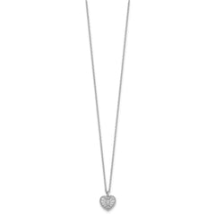 Sterling Silver Rhodium-plated Polished Beaded and Textured CZ Heart 16 Inch with 2 Inch Extension Necklace