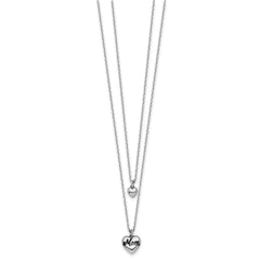 Sterling Silver Rhodium-plated Two-Strand Black Enameled MOM Puffed Heart and Small Heart 16 inch with 1 inch extension Necklace