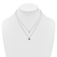 Sterling Silver Rhodium-plated Two-Strand Black Enameled MOM Puffed Heart and Small Heart 16 inch with 1 inch extension Necklace