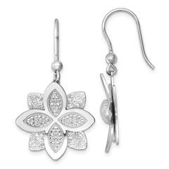 Sterling Silver RH-plated Polished Brushed/Textured Flower Dangle Earrings
