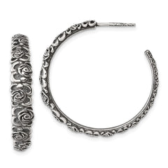 Sterling Silver Antiqued Graduated Floral 5.75 x 32mm C-Hoop Post Earrings