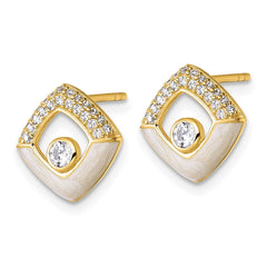 Sterling Silver Gold-tone CZ and Champagne Enamel Polished Square Post Earrings