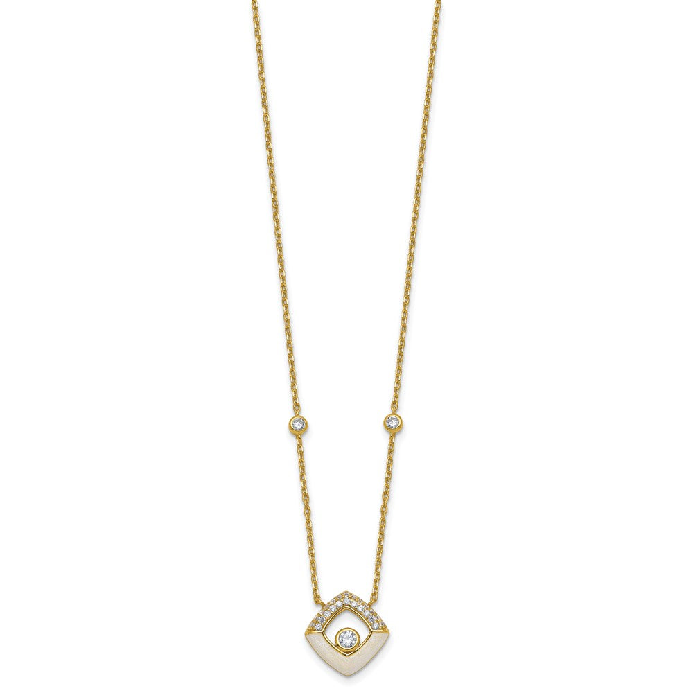Sterling Silver Gold-tone CZ and Champagne Enamel Square 16 inch with 1.5 inch Extension Necklace