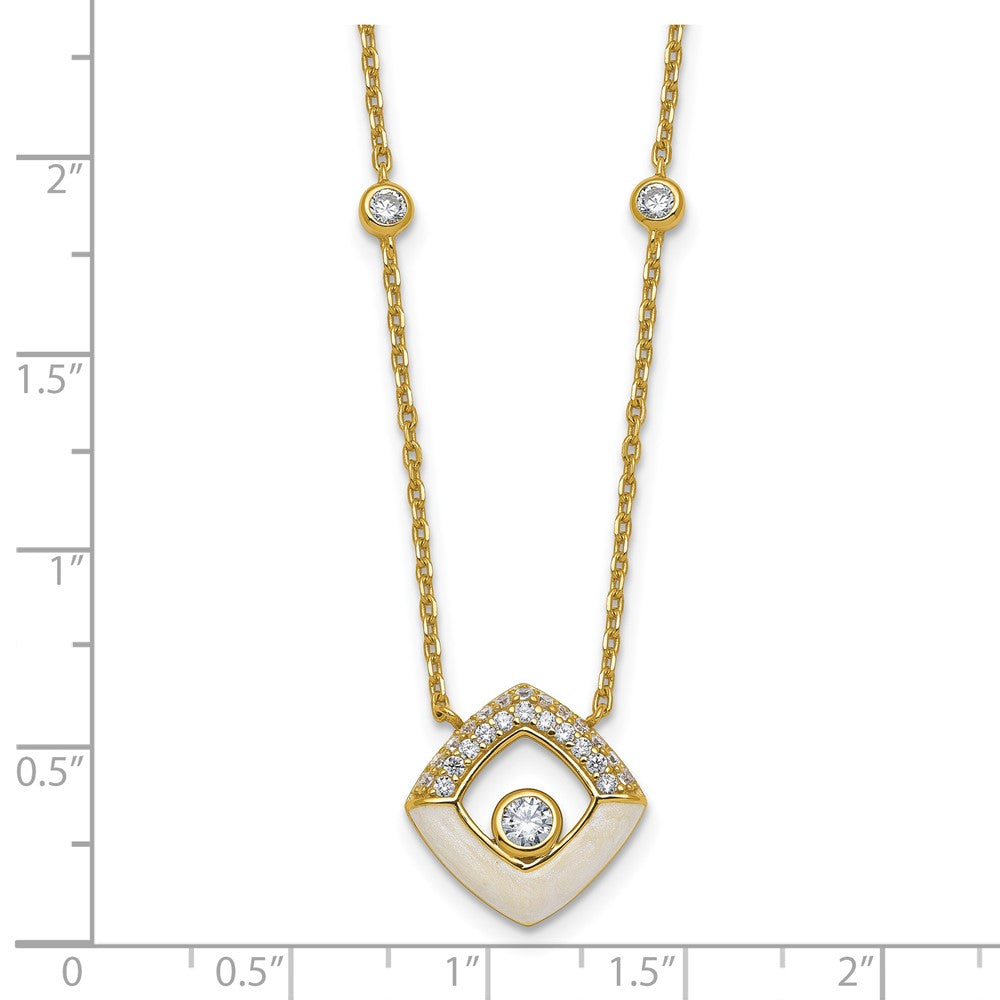 Sterling Silver Gold-tone CZ and Champagne Enamel Square 16 inch with 1.5 inch Extension Necklace
