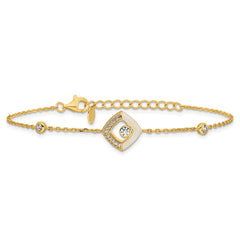 Sterling Silver Gold-tone CZ and Champagne Enamel Square 7 inch with 0.5 inch Extension Bracelet