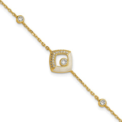 Sterling Silver Gold-tone CZ and Champagne Enamel Square 7 inch with 0.5 inch Extension Bracelet