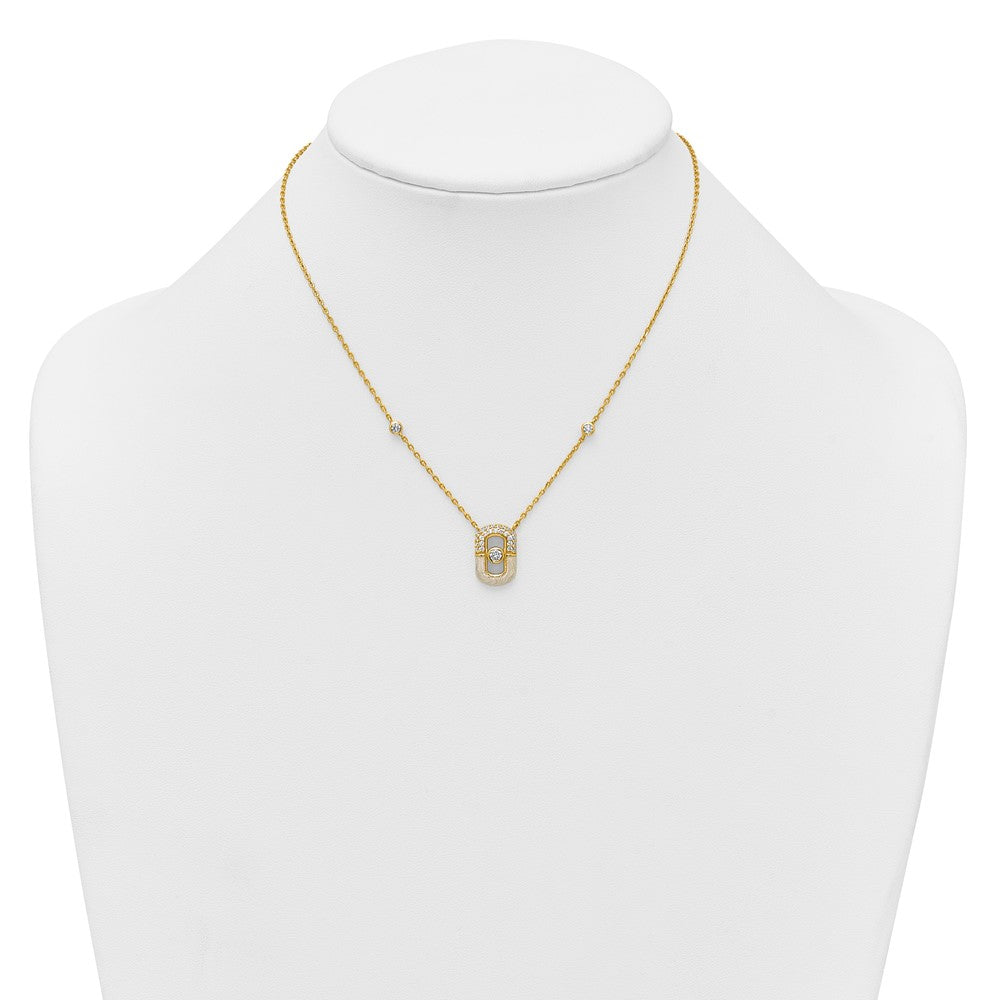 Sterling Silver Gold-tone CZ and Champagne Enamel Rectangle 16 inch with 1.5 inch Extension Necklace