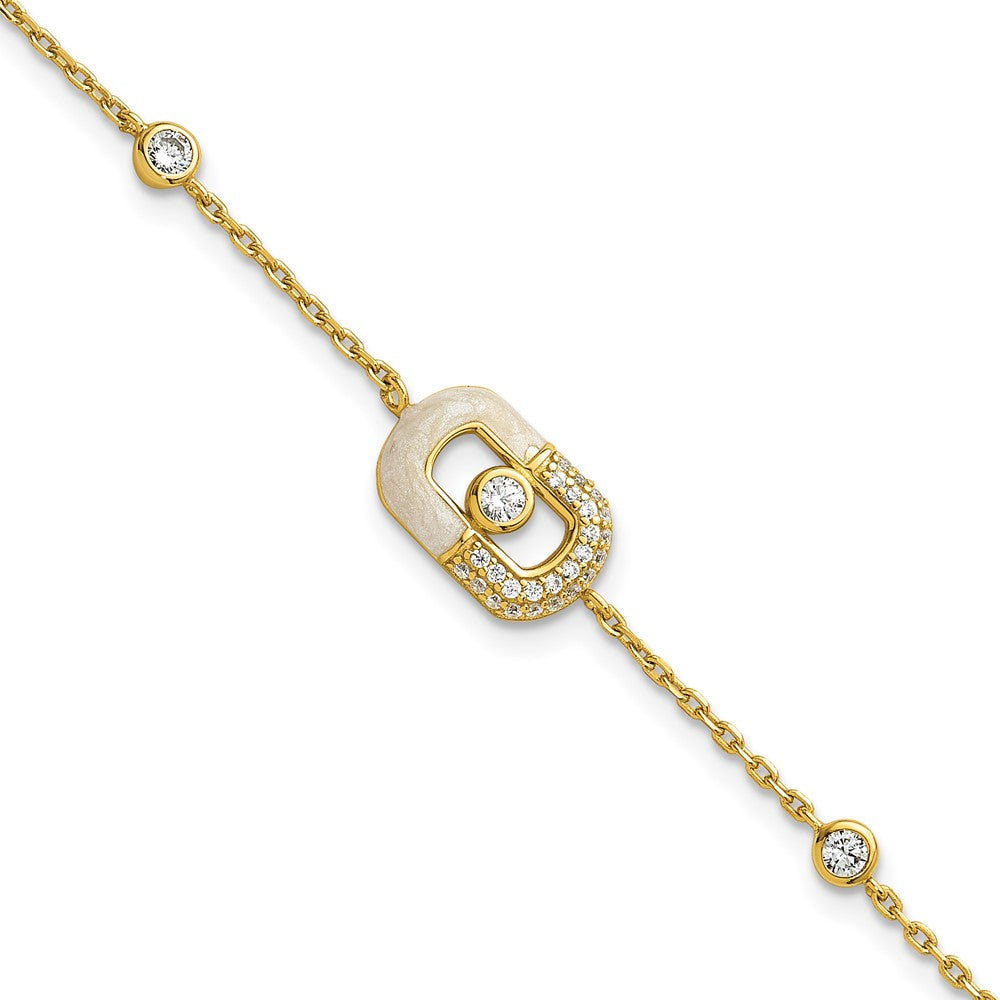 Sterling Silver Gold-tone CZ and Champagne Enamel Rectangle 7 inch with  0.5 inch Extension Bracelet
