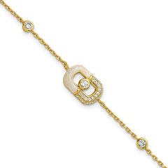Sterling Silver Gold-tone CZ and Champagne Enamel Rectangle 7 inch with  0.5 inch Extension Bracelet