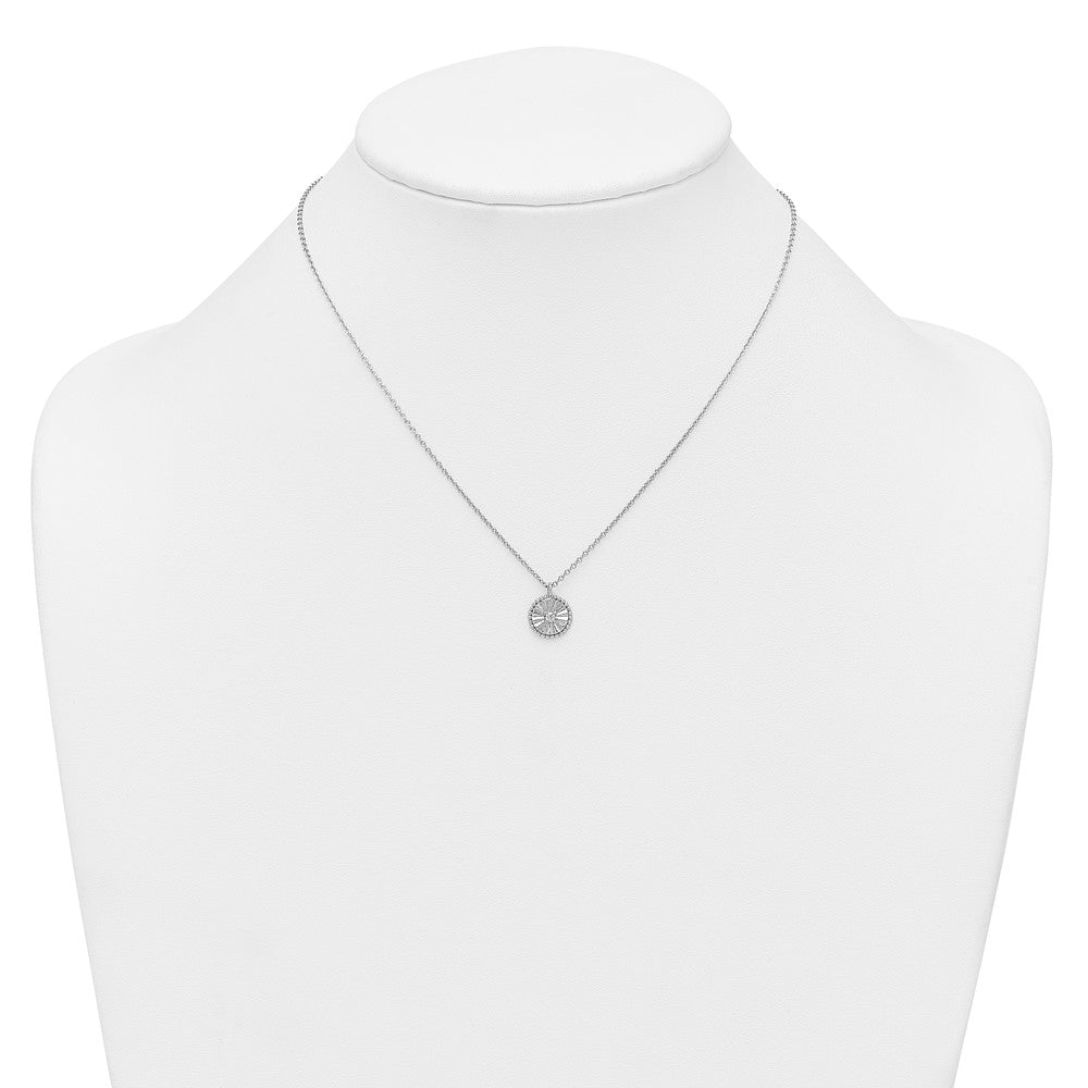 Sterling Silver Rhodium-plated Polished Beaded and Textured CZ Circle 16 Inch with 2 Inch Extension Necklace