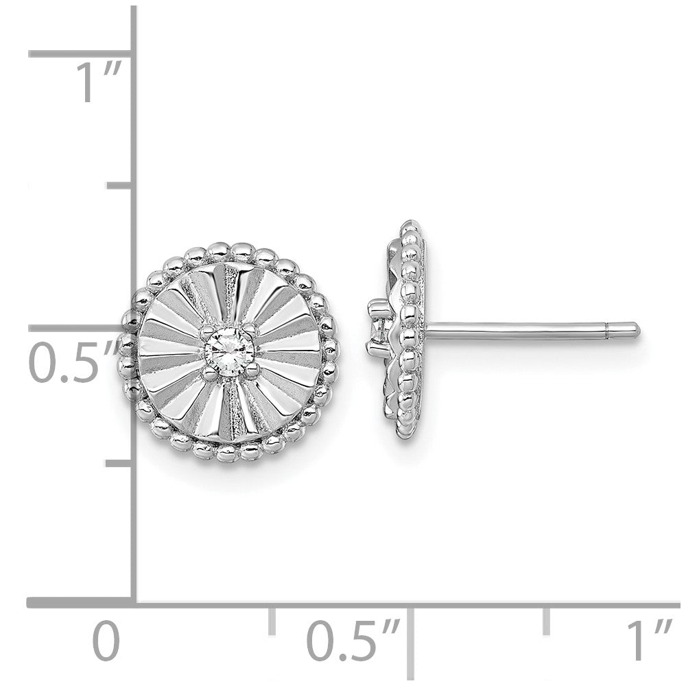 Sterling Silver Rhodium-plated Polished Beaded and Textured CZ Circle Post Earrings