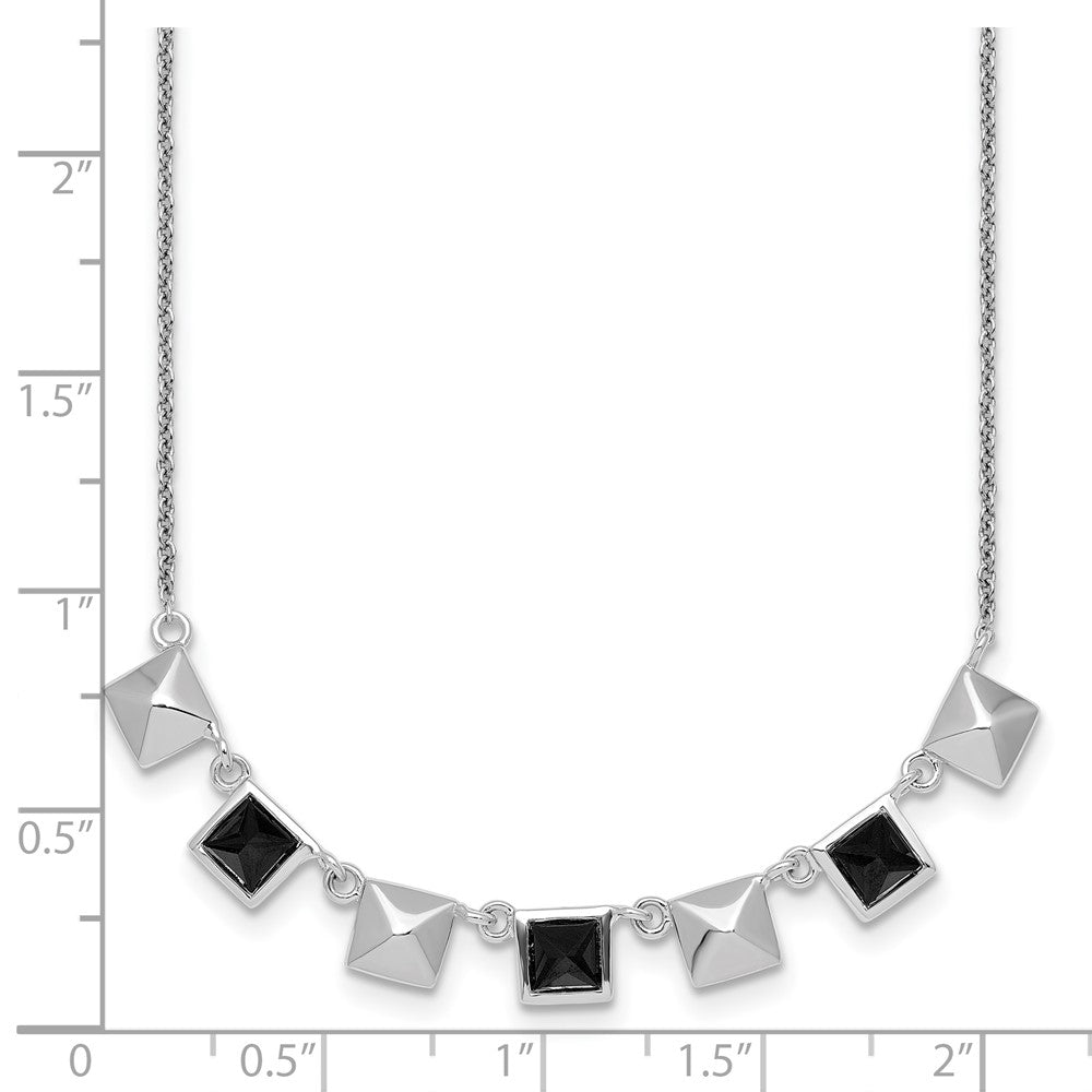 Sterling Silver Rhodium-plated Polished Black CZ and Pyramid Squares 17.75 inch Necklace
