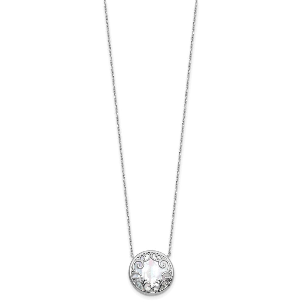 Sterling Silver Rhodium-plated Polished Filigree Mother of Pearl Filigree Circle 16 Inch with 2 Inch Extension Necklace