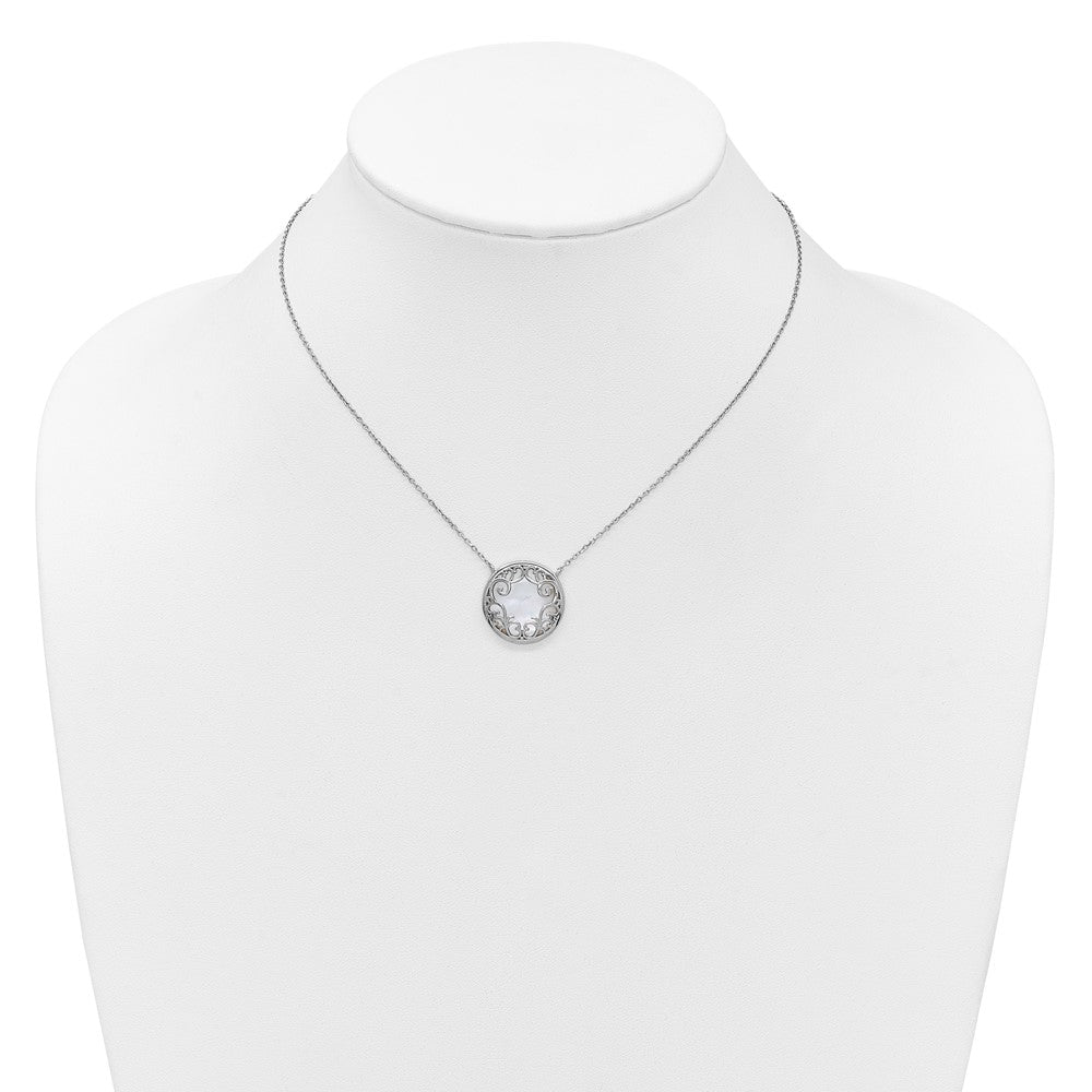 Sterling Silver Rhodium-plated Polished Filigree Mother of Pearl Filigree Circle 16 Inch with 2 Inch Extension Necklace