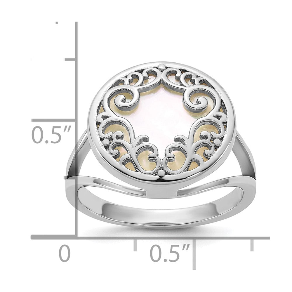 Sterling Silver Rhodium-plated Polished Filigree Mother of Pearl Filigree Circle Size 6 Ring