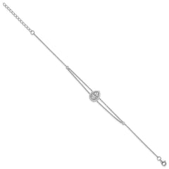 Sterling Silver Rhodium-plated Polished Fancy Two-strand CZ Teardrop Halo 7 Inch with 1 Inch Extension Bracelet
