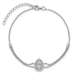 Sterling Silver Rhodium-plated Polished Fancy Two-strand CZ Teardrop Halo 7 Inch with 1 Inch Extension Bracelet