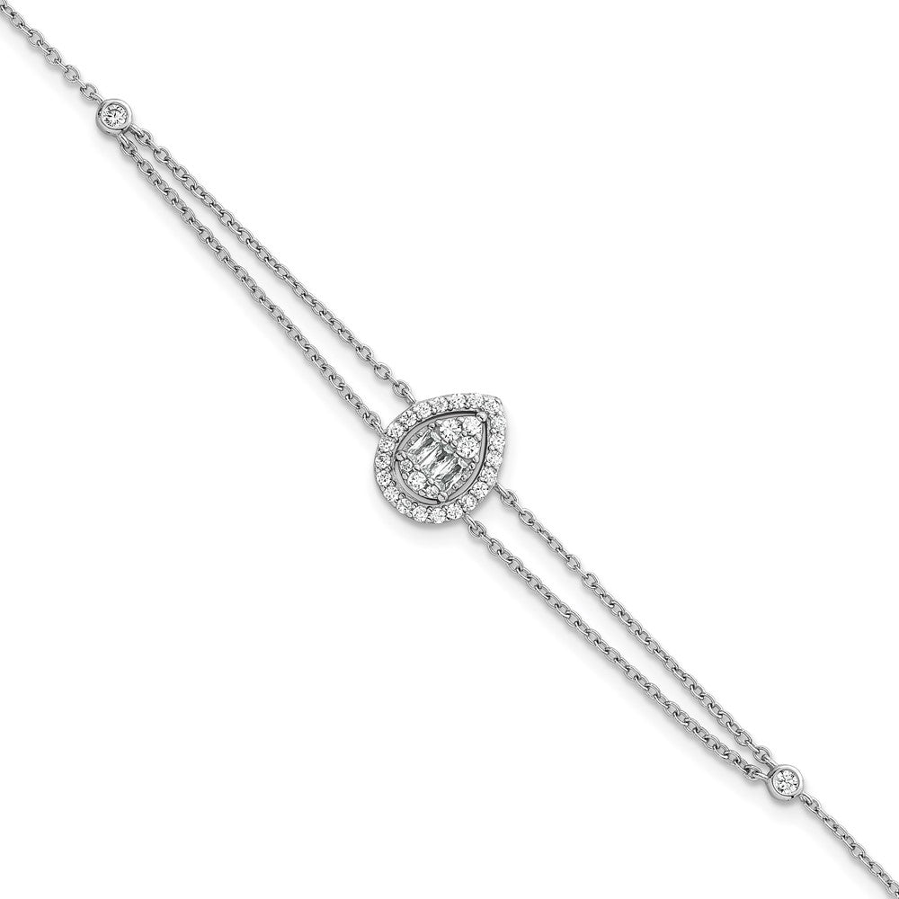 Sterling Silver Rhodium-plated Polished Fancy Two-strand CZ Teardrop Halo 7 Inch with 1 Inch Extension Bracelet