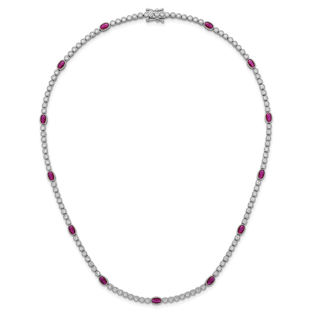 Sterling Silver Rhodium-plated Polished and Beaded Fancy Oval Red and Round White CZ 17 Inch Necklace