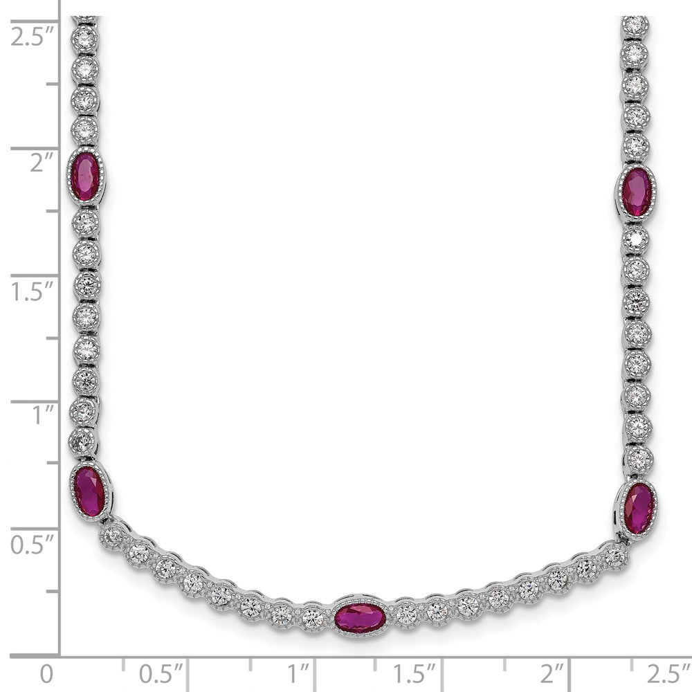 Sterling Silver Rhodium-plated Polished and Beaded Fancy Oval Red and Round White CZ 17 Inch Necklace