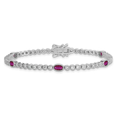 Sterling Silver Rhodium-plated Polished and Beaded Fancy Oval Red and Round White CZ 7 Inch Bracelet