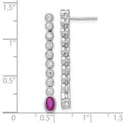 Sterling Silver Rhodium-plated Polished and Beaded Oval Red and Round White CZ Dangle Post Earrings